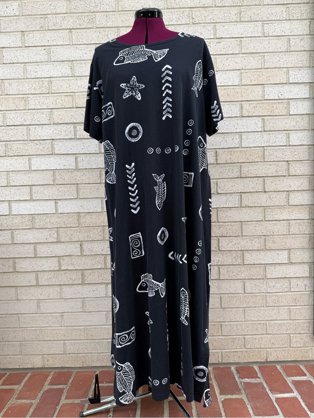 Studio G Genuine Vintage 90s Maxi Dress Black White Fish Printed Size 1X